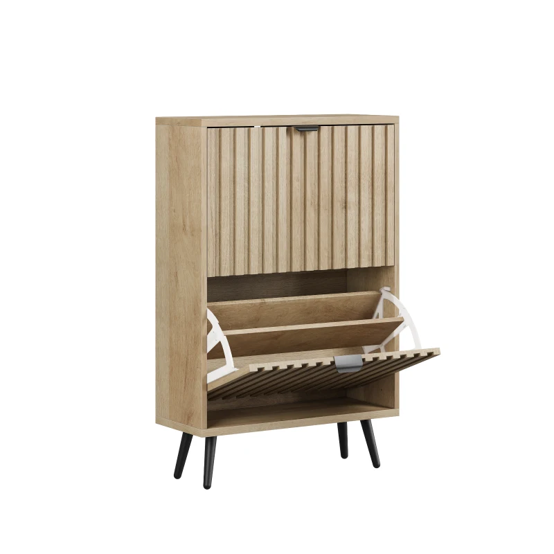 Schuhschrank mit Kippfächern, platzsparend, gerillte Front, freistehend, 60x24x95 cm, Eiche