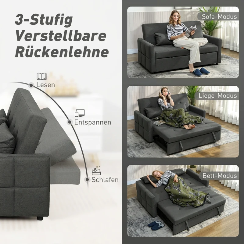 HOMCOM 2-Sitzer-Schlafsofa, 3-in-1 Ausziehsofa mit verstellbarer Rückenlehne, breiter Sitzfläche, Dunkelgrau