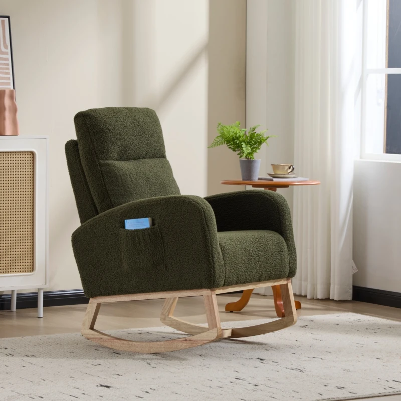 Fauteuil à bascule d’allaitement en tissu teddy, dossier haut ergonomique, base incurvée en bois et poche latérale, Vert