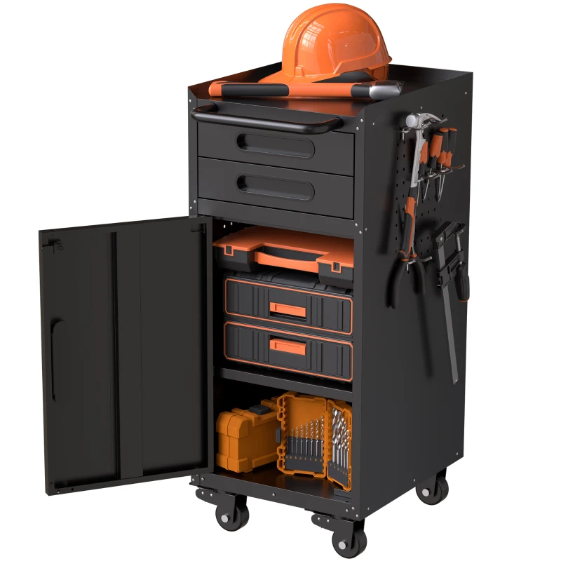 Armoire à outils mobile étroite en métal, porte verrouillable, 2 tiroirs et roulettes pivotantes, Noir