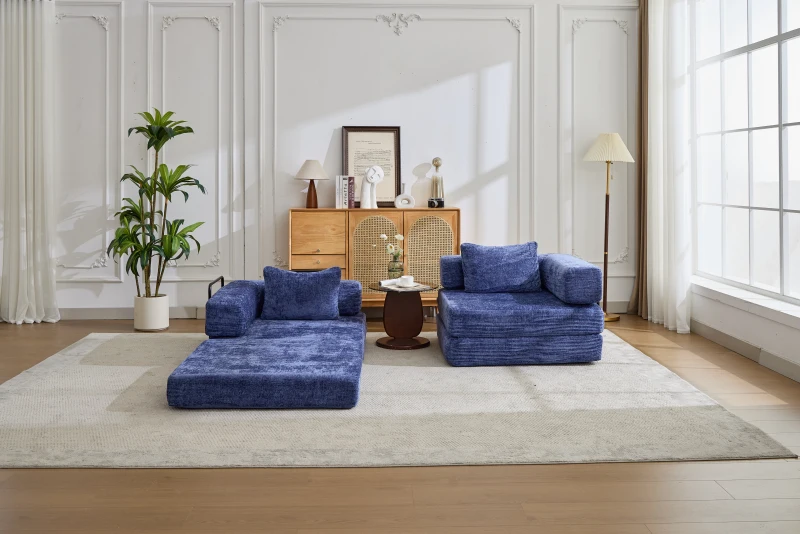 Boden-Schlafsofa, klappbar und modular, Chenille, 200x100x63 cm, Dunkelblau