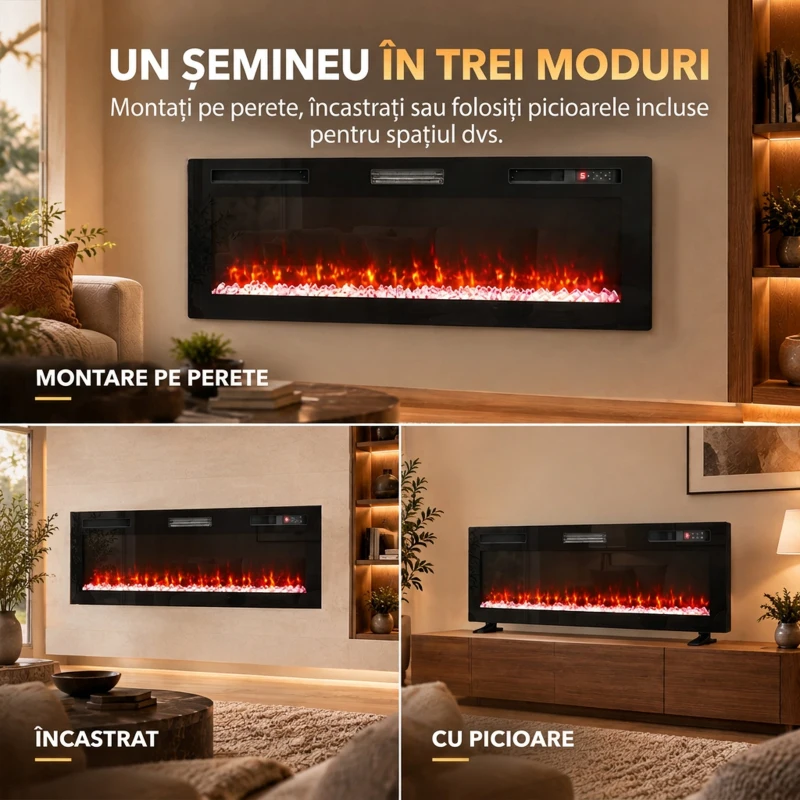 HOMCOM Șemineu electric 153 cm, încastrabil/de perete/de podea, ultrasubțire 8,3 cm, cu telecomandă, 900/1800 W, timer, negru