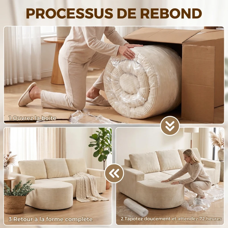 HOMCOM Canapé d'Angle 3 Places en Velours Côtelé, Canapé Compressé en L 235cm, Méridienne Incurvée, Assise Profonde, Beige