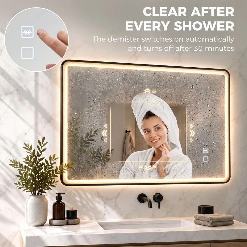 HOMCOM Bathroom Mirror with LED Lights, 100x70cm Rectangle Bathroom Mirror, Dimmable, Bluetooth, Anti-Fog, Black