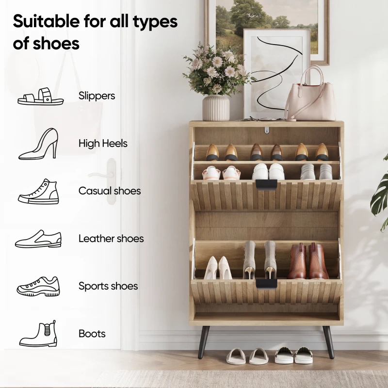 Schuhschrank mit Kippfächern, platzsparend, gerillte Front, freistehend, 60x24x95 cm, Eiche