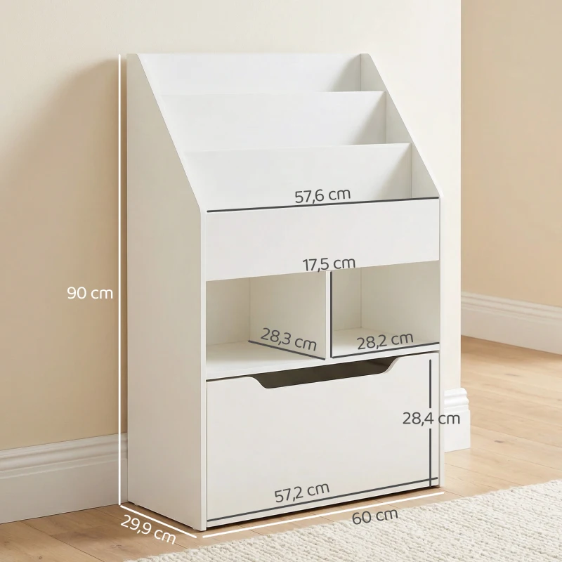 HOMCOM Estante de Madeira para Brinquedos com 3 Compartimentos 2 Cubos e Gaveta Móvel com 4 Rodas Estante para Livros Infantil para Dormitório Infantil Sala de Jogos 60x29,9x90cm Branco