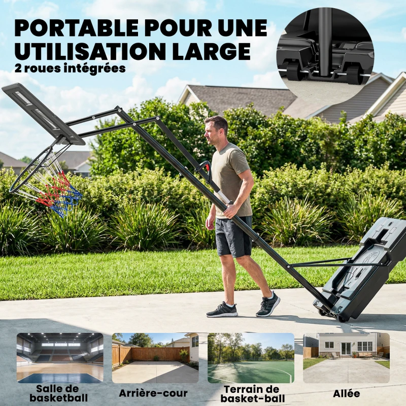 SPORTNOW Panier de Basket Extérieur Portable, Hauteur Réglable 2,35-3,05 m, Base Stable Remplissable, Sac de Poids, Roues, Noir