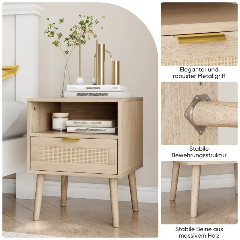 Nachttisch mit Rattanfront, Schublade und offenem Regal, Goldgriff, MDF, 45x40x55 cm, Dunkle Eiche