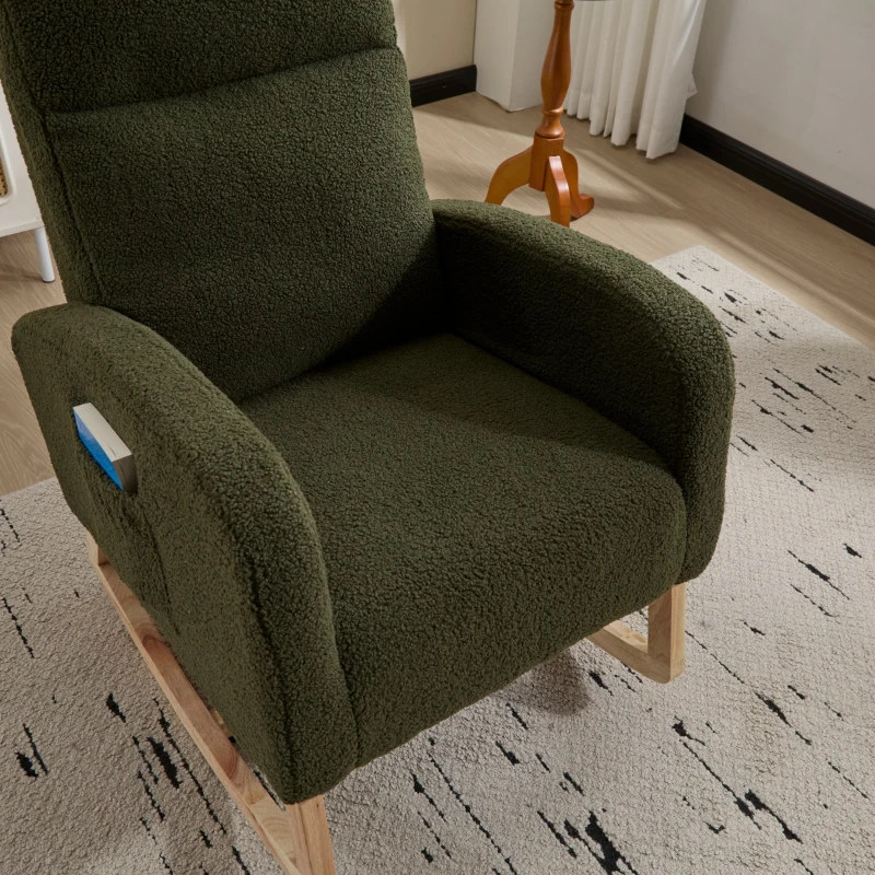 Fauteuil à bascule d’allaitement en tissu teddy, dossier haut ergonomique, base incurvée en bois et poche latérale, Vert