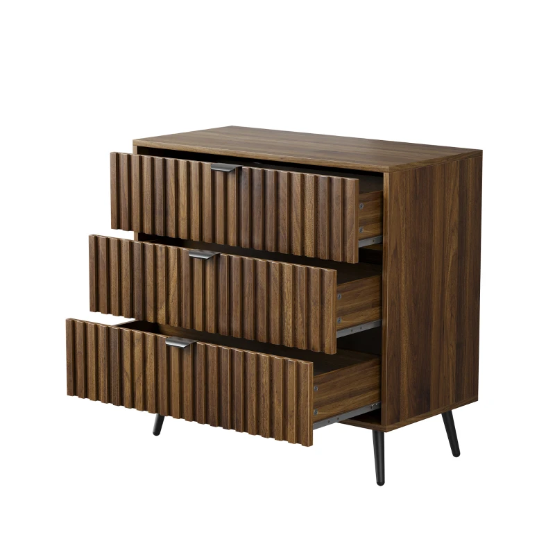 Commode à 3 tiroirs en MDF, poignées et pieds métalliques, style moderne, 80x39x78 cm, Noyer