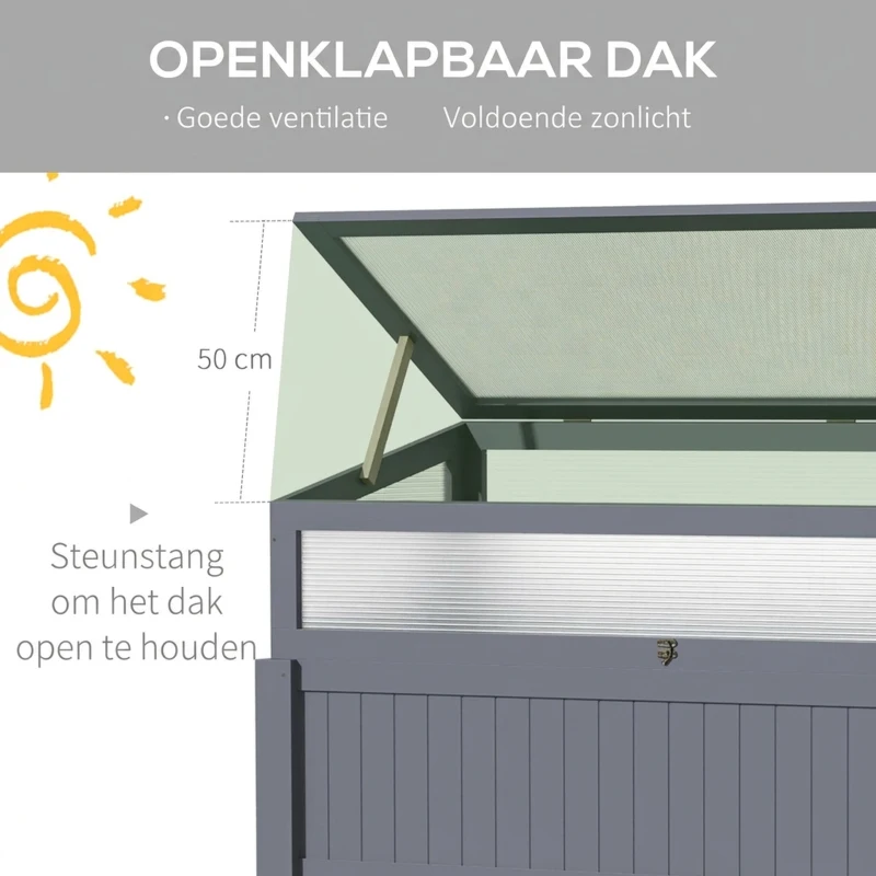 Outsunny Verhoogd Bed Hout met Koud Frame 2-in-1 Kas Tomatenhuis Groentebed Kruidenbed Plantenbak voor Tuin Balkon en Terras Polycarbonaat Grijs 120 x 54 x 112/122 cm