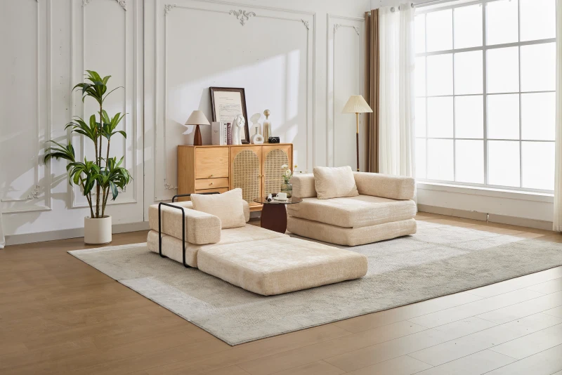 Wandelbares modulares Boden-Schlafsofa aus Chenille, klappbare Sofa- und Matratzenfunktion, 200x100x63 cm, Beige
