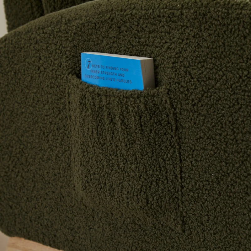 Fauteuil à bascule d’allaitement en tissu teddy, dossier haut ergonomique, base incurvée en bois et poche latérale, Vert