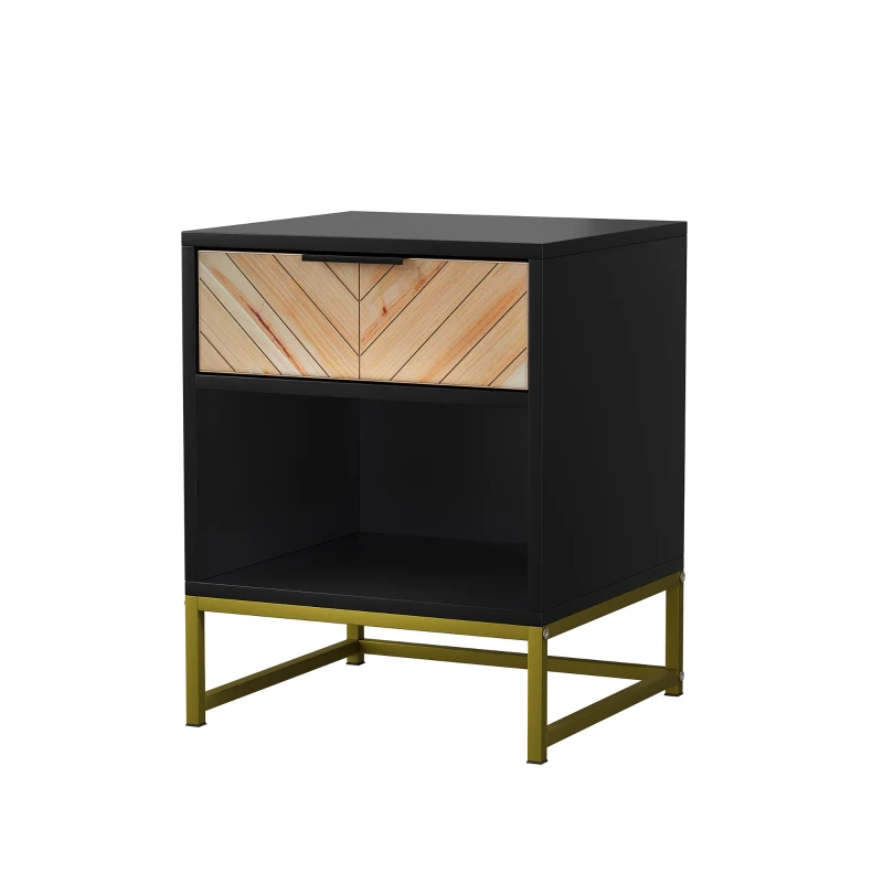 Nachttisch mit Schublade und offenem Fach, modernes Mid-Century-Design, MDF, 43x40x55 cm, Schwarz+Naturfarbe