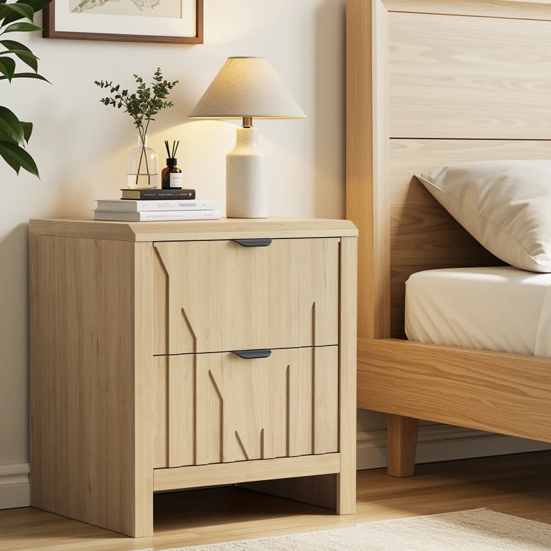 Nachttisch in Eichenoptik mit Schublade, 3D-Riffelung und Metallgriffen, Mid-Century-Modern-Stil, Eiche