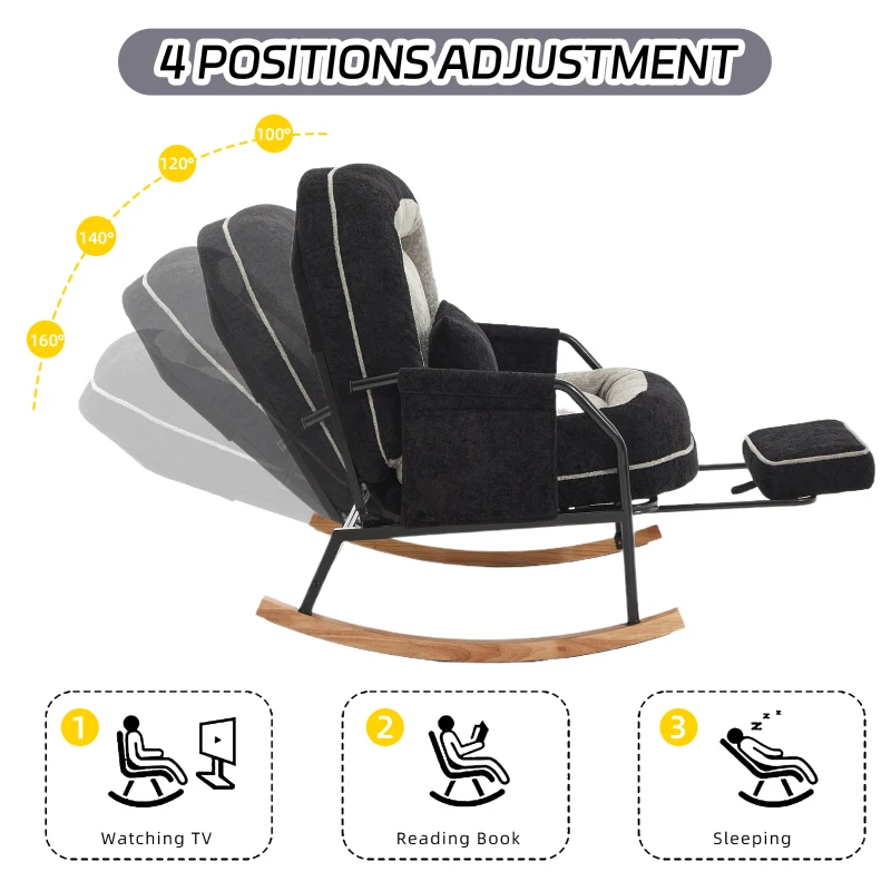 Fauteuil à bascule grand format, dossier réglable, repose-pieds escamotable, coussin rembourré, poches latérales, intérieur et extérieur, Noir+Gris