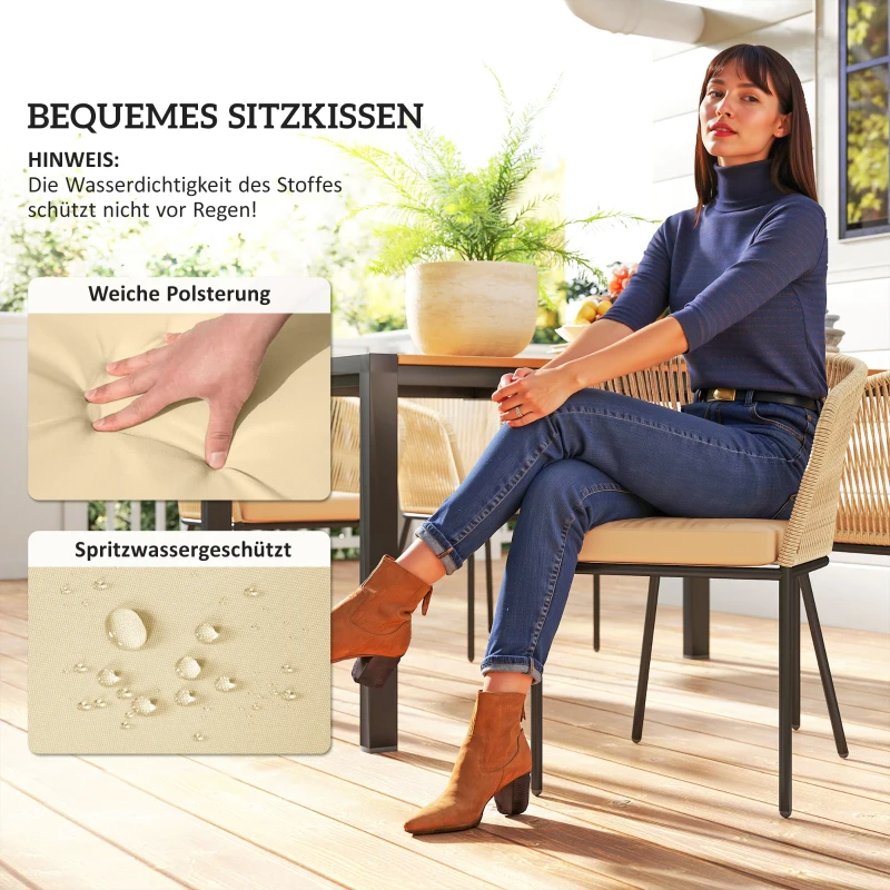 Outsunny 5-delig tuinmeubelset, 4 stoelen, 1 tafel, kunst-rattan, stalen frame, wasbare kussens, voor terras, Khaki