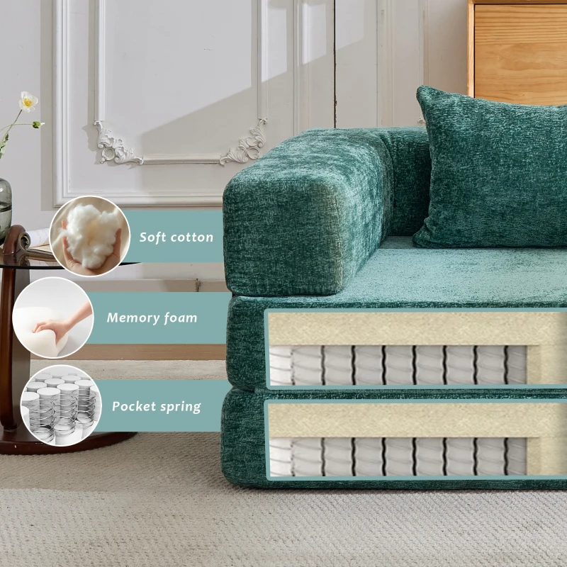 Wandelbares Bodenschlafsofa, modulares Design, Chenillebezug, ohne Montage, 200x100x63 cm, Dunkelgrün
