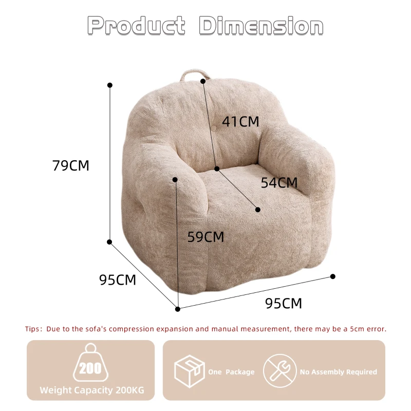 Sitzsack-Sofa mit Armlehnen, zerkleinerter Schaumstofffüllung und Kunstfellbezug für Wohn- und Schlafzimmer, Beige