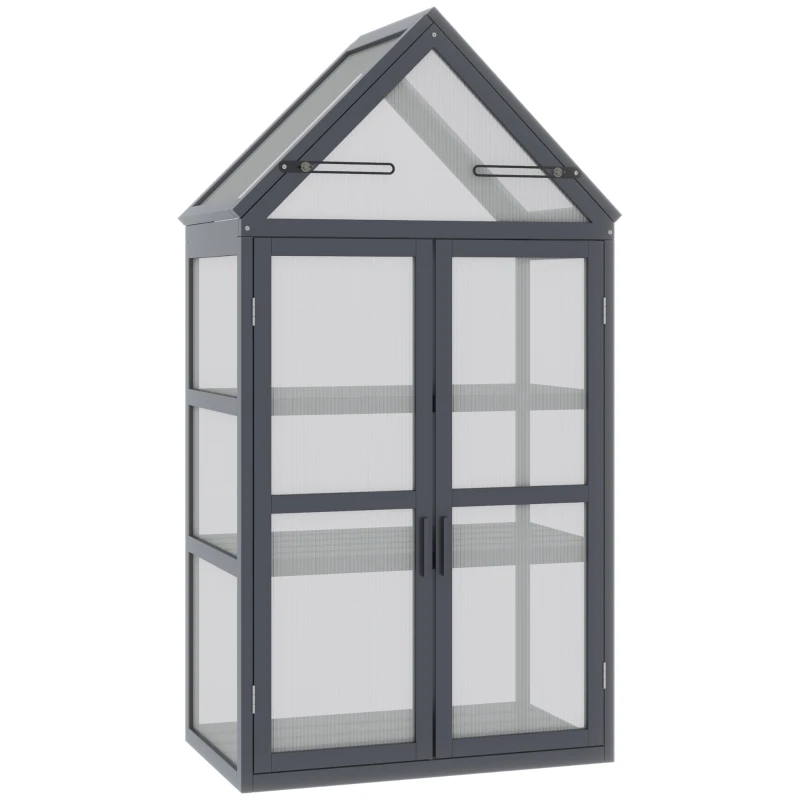 Outsunny kas met 3 planken, massief hout, behuizing van polycarbonaat, grijs, 70,5 x 42 x 132 cm(m-11)
