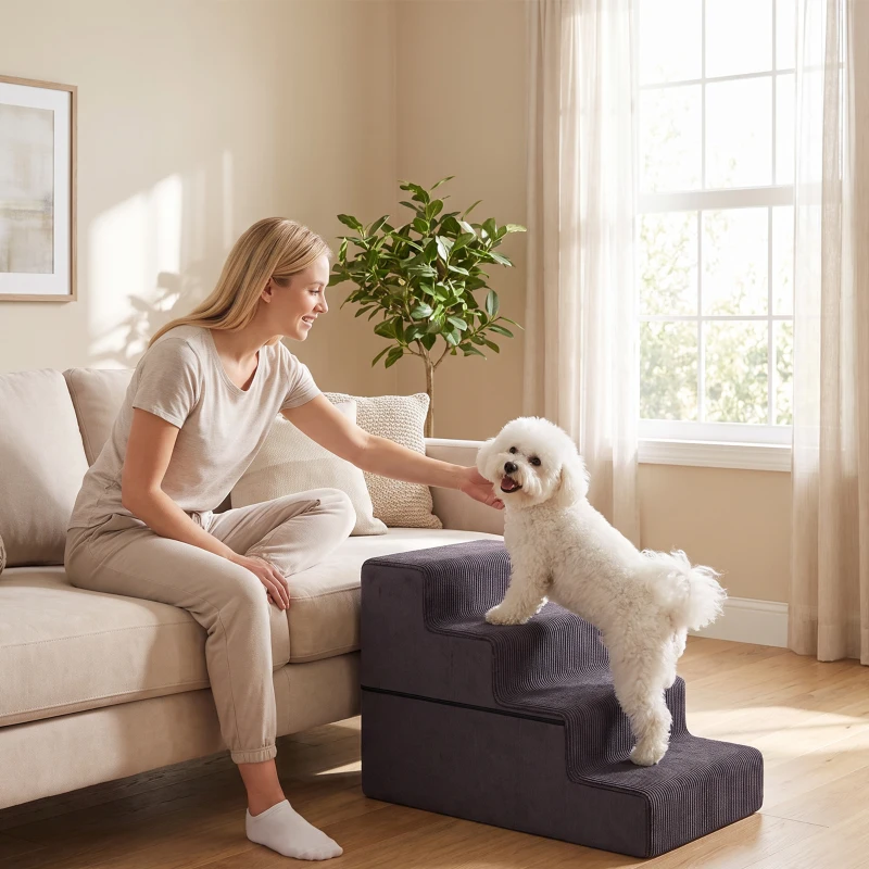 PawHut Dog Steps, 4-Step Dog Stairs for Bed and Sofa, Pet Stairs with Carry Handle, Washable Cover