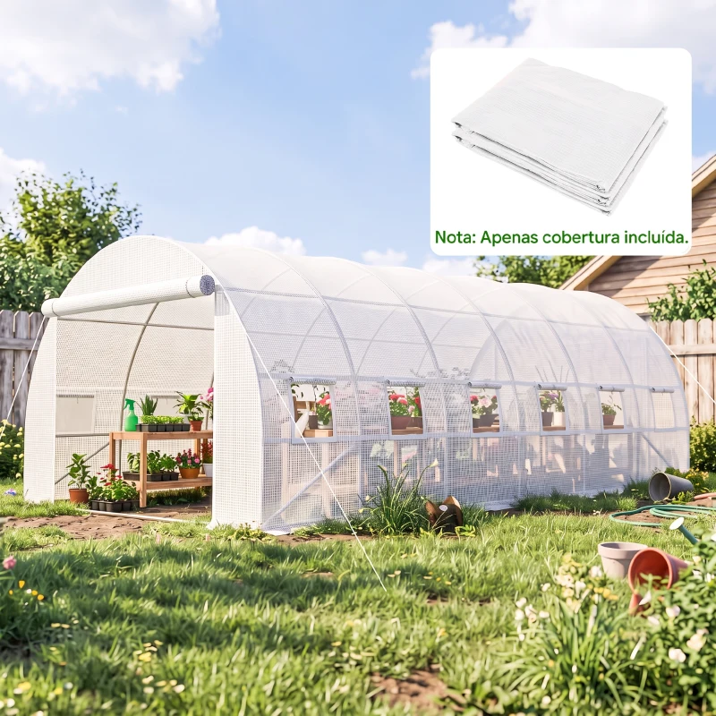 Outsunny Cobertura de Estufa de Túnel 6x3x2m Cobertura de Substituição de Estufa com 12 Janelas e Portas Enroláveis Branco