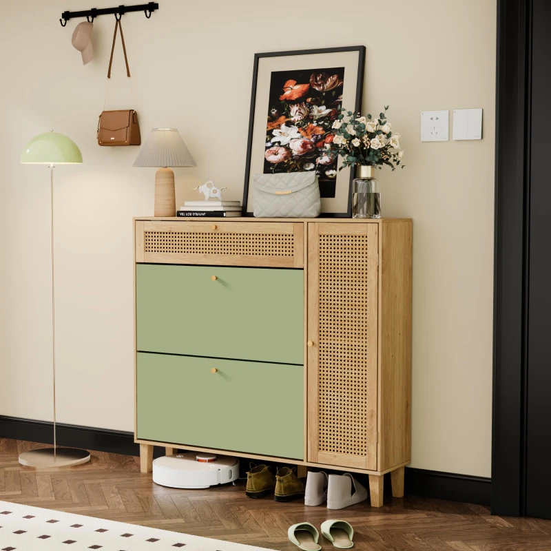 Schuhschrank mit Rattan-Elementen, verstellbaren und herausnehmbaren Trennwänden, platzsparendes Design, 107x24x105 cm, Grün