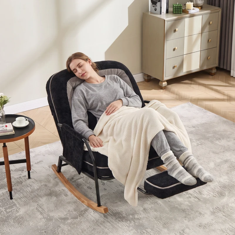 Fauteuil à bascule grand format, dossier réglable, repose-pieds escamotable, coussin rembourré, poches latérales, intérieur et extérieur, Noir+Gris