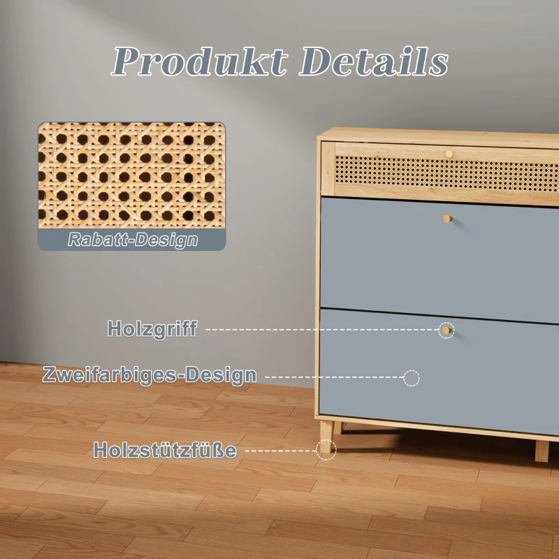 Schuhschrank mit Rattan-Elementen, flexiblem Stauraum und Metallbeinen, 107x24x105 cm, Grau