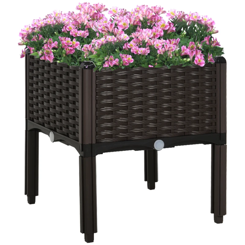 Outsunny verhoogd bed, plantenbak met afwateringsgaten, bloembak in rotan-look, PP, bruin