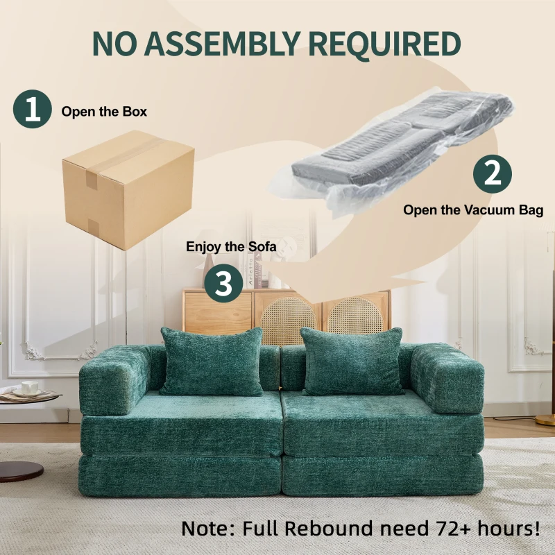 Wandelbares Bodenschlafsofa, modulares Design, Chenillebezug, ohne Montage, 200x100x63 cm, Dunkelgrün