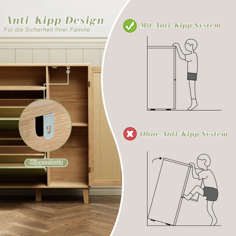 Schuhschrank mit Rattan-Elementen, verstellbaren und herausnehmbaren Trennwänden, platzsparendes Design, 107x24x105 cm, Grün