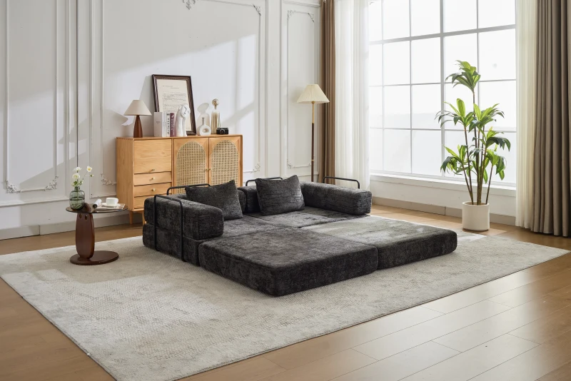 Schlafsofa, wandelbares Bodensofa, modular, Chenille, 200x100x63 cm, Schwarz