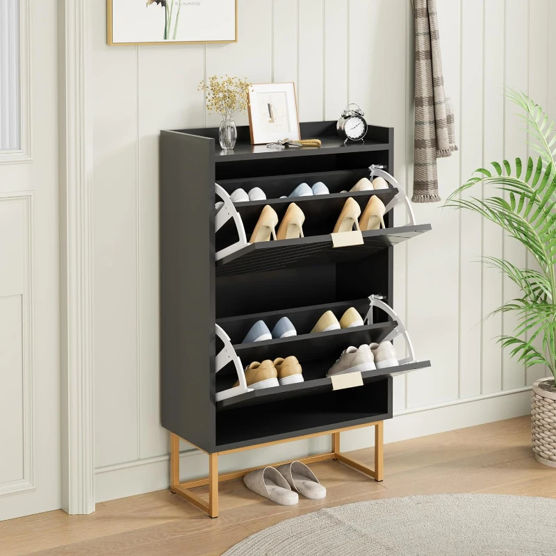 Schuhschrank mit 2 Klappen, schmaler Schuhkipper mit Kippschutz und verstellbaren Trennwänden, 50x24x103,5 cm, Schwarz