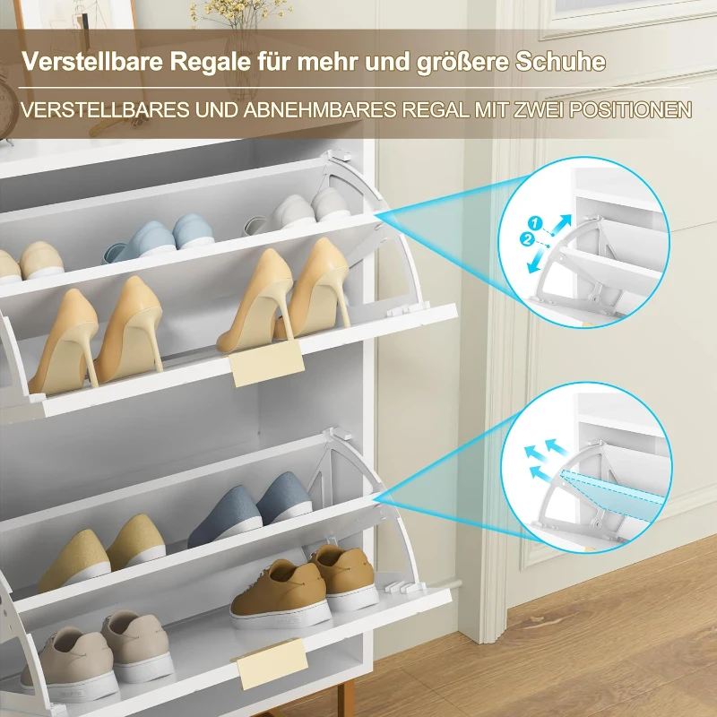 Schuhschrank mit 2 Klappen, schmal, verstellbaren Trennwänden und Kippschutz, 50x24x103,5 cm, Weiß