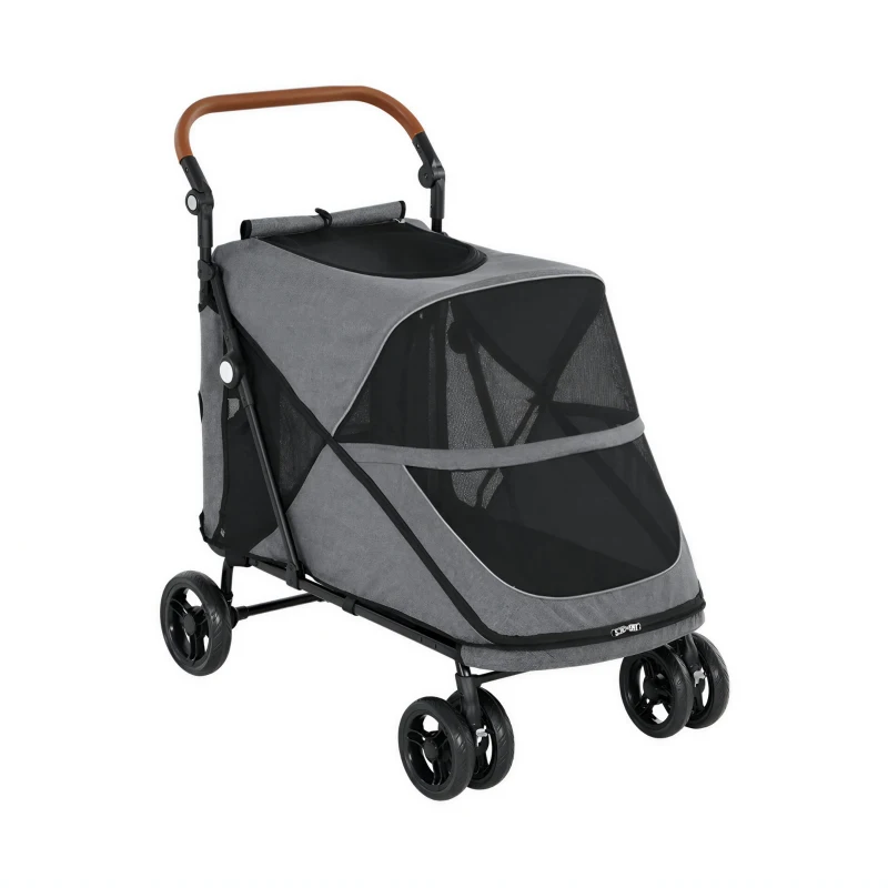PawHut Poussette pour Chien Pliage 1 Main Suspension Ressort Tout Terrain Double Roues Avant 100x64,5x108cm Gris