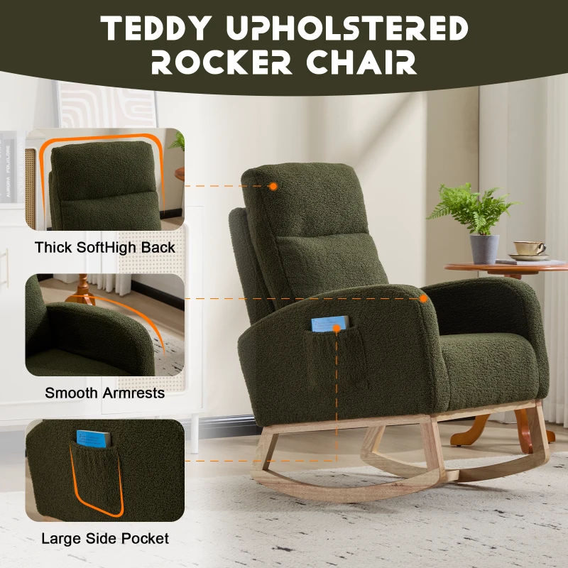 Fauteuil à bascule d’allaitement en tissu teddy, dossier haut ergonomique, base incurvée en bois et poche latérale, Vert