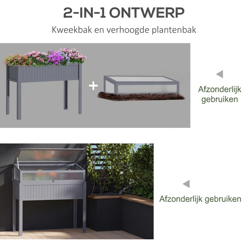 Outsunny Verhoogd Bed Hout met Koud Frame 2-in-1 Kas Tomatenhuis Groentebed Kruidenbed Plantenbak voor Tuin Balkon en Terras Polycarbonaat Grijs 120 x 54 x 112/122 cm