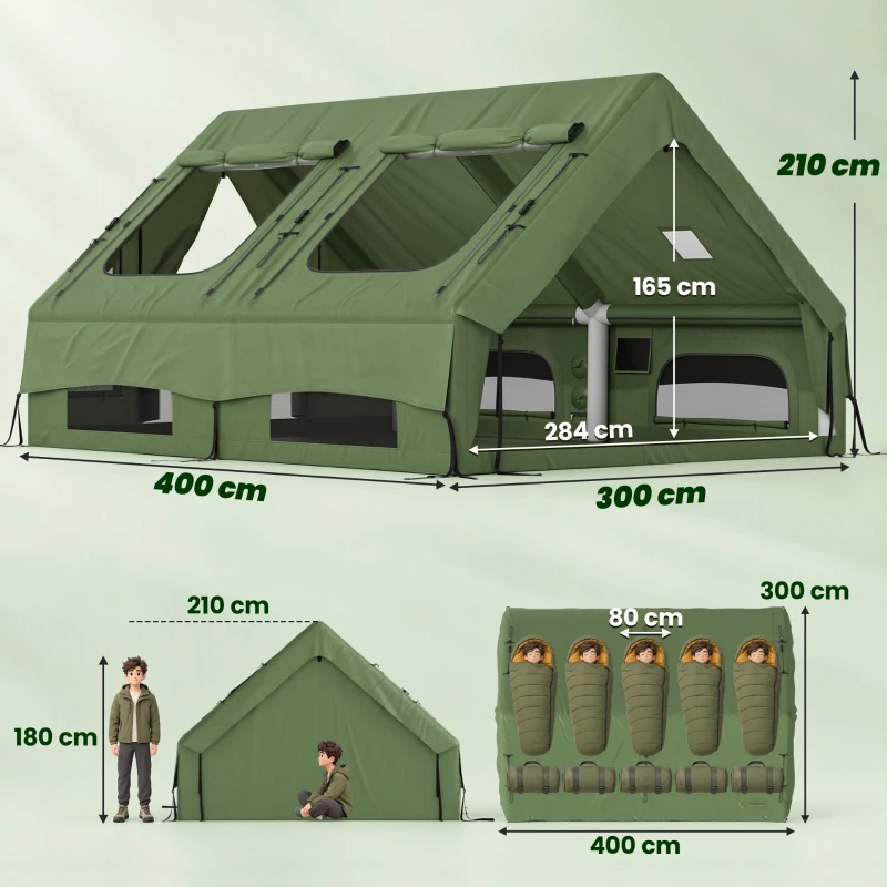 Outsunny Opblaasbare Tent 8-10 Personen Snelle Opzet 4-Seizoenen Waterdicht Krasbestendig Tent met Kachelopening Dakramen