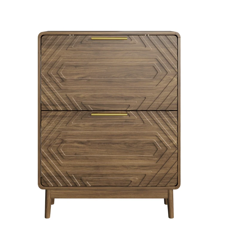 Schuhschrank, freistehend und schmal, mit geprägten Türen, offenem Ablagefach und goldfarbenen Griffen, 60x24x95 cm, Walnussfarben
