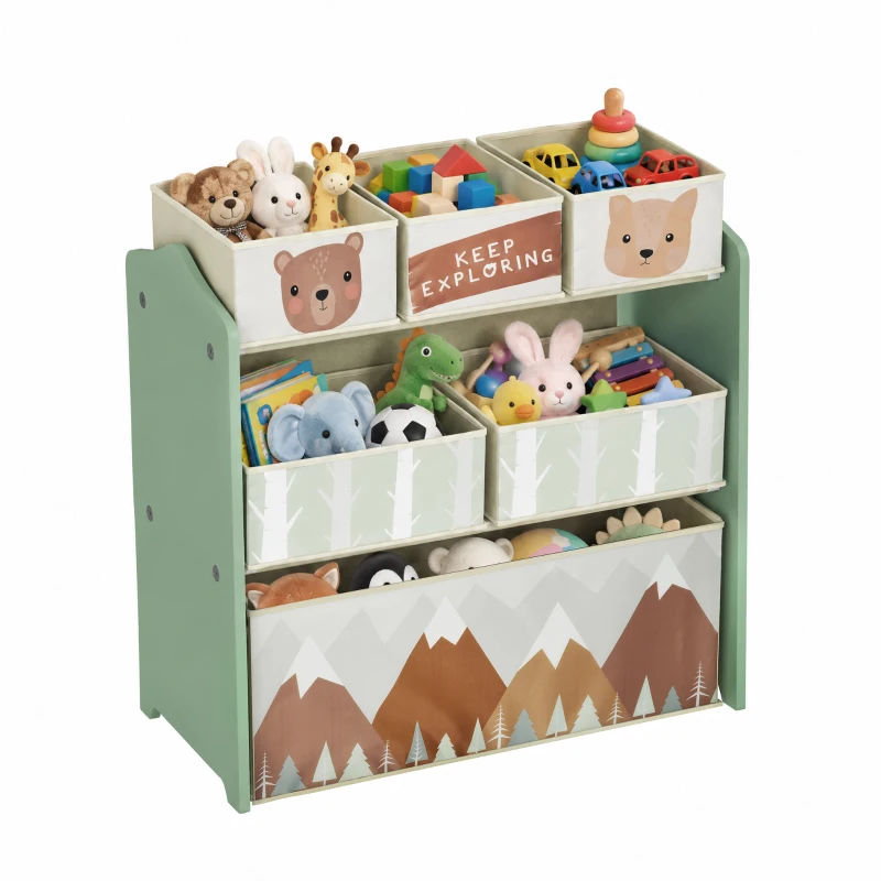 ZONEKIZ Etajeră pentru Depozitarea Jucăriilor pentru Copii, cu 6 Coșuri Detasabile din Material Textil, 63x30x66cm, Verde