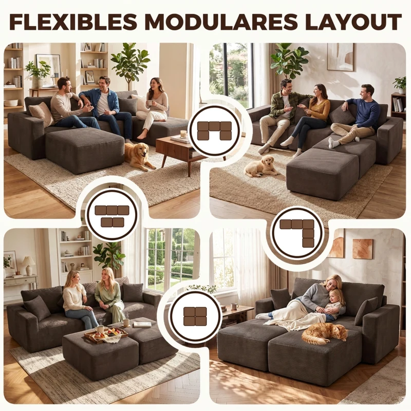 HOMCOM Sofa modułowa U 287 cm, bezramowa, szerokie i głębokie siedzisko, sztruks, pianka High Density, bez montażu, khaki