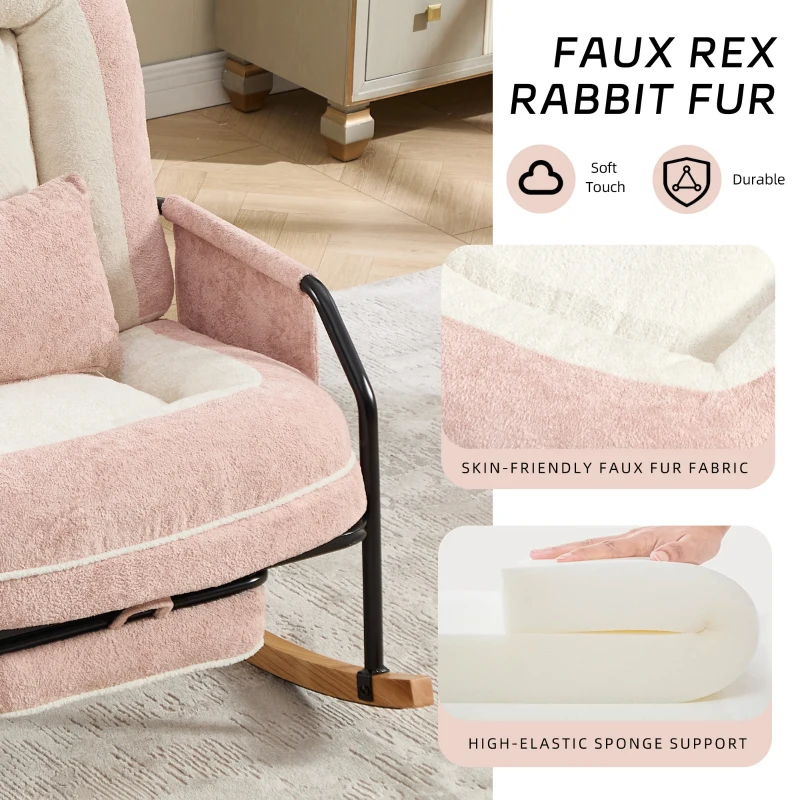Fauteuil à bascule grand format, dossier réglable et repose-pieds escamotable, poches latérales, coussin rembourré, intérieur et extérieur, Rose