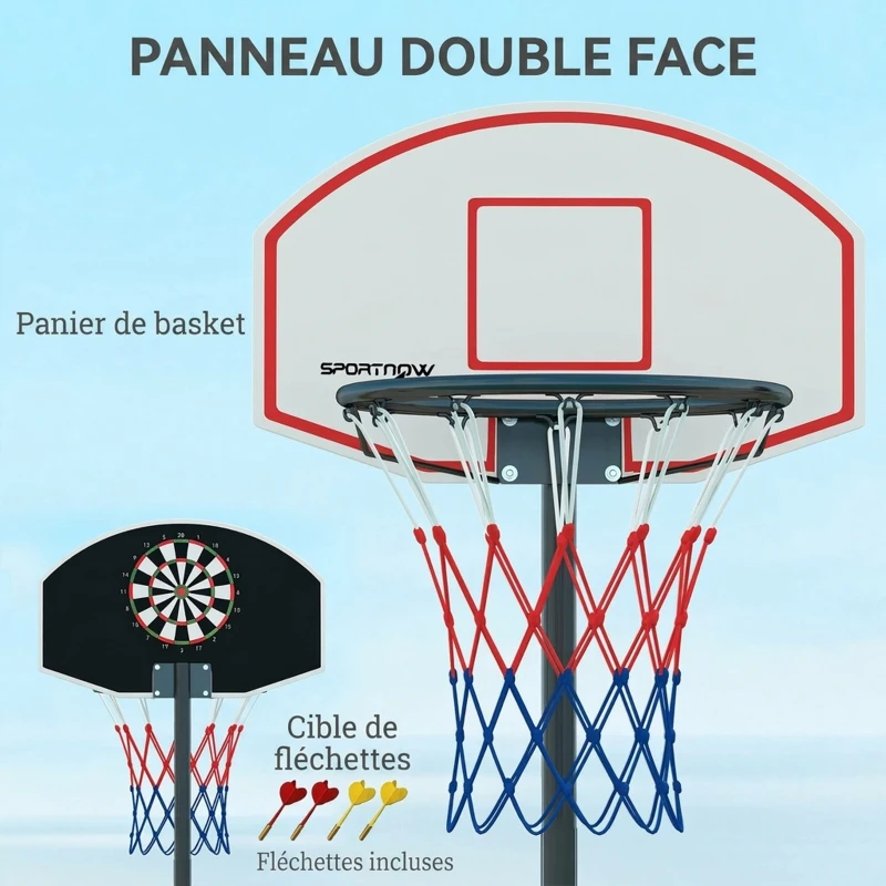 SPORTNOW Panier de Basket Extérieur et Fléchettes 2 en 1, Hauteur Réglable 210-247cm, Portable, Roues, Base Remplissable, Noir