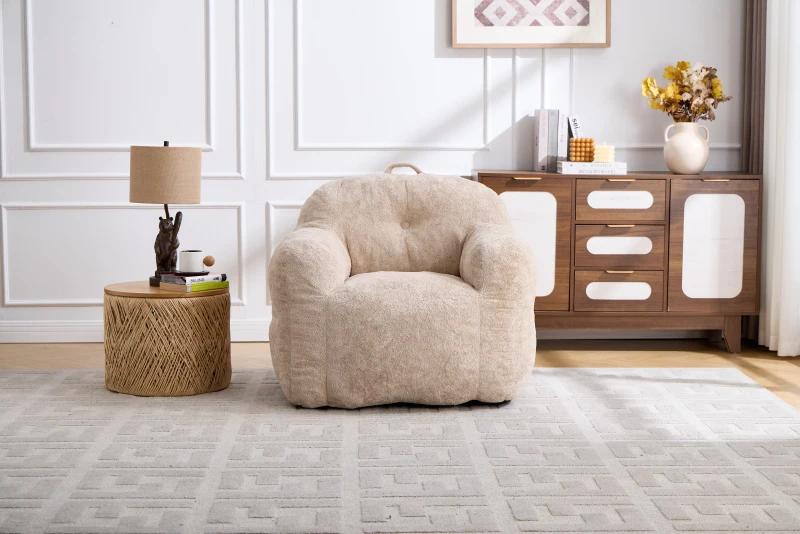 Sitzsack-Sofa mit Armlehnen, zerkleinerter Schaumstofffüllung und Kunstfellbezug für Wohn- und Schlafzimmer, Beige