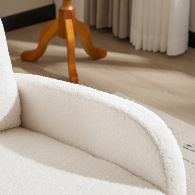 Fauteuil à bascule d’allaitement, dossier haut, tissu teddy, poche latérale, repose-pieds, base en bois courbé, Blanc