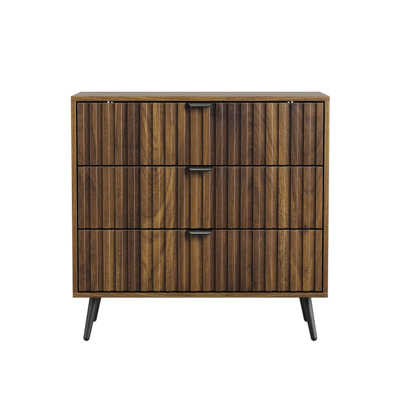 Commode à 3 tiroirs en MDF, poignées et pieds métalliques, style moderne, 80x39x78 cm, Noyer