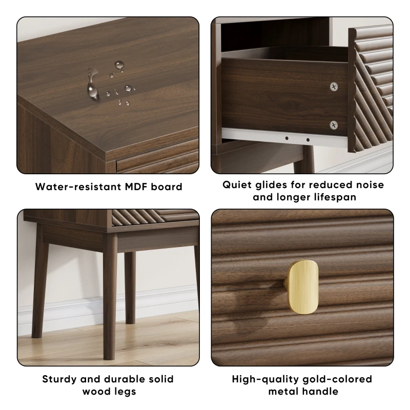Nachttisch, Mid-Century-Modern-Stil, gerilltes Design und Metallgriffe, 40x40x55 cm, Walnuss