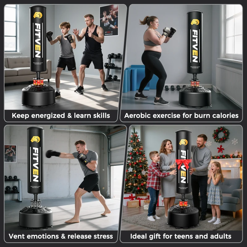 Freistehender Boxsack, für Boxen, Kickboxen, Muay Thai und MMA, Saugnapf-Basis, inklusive Boxhandschuhe, Schwarz