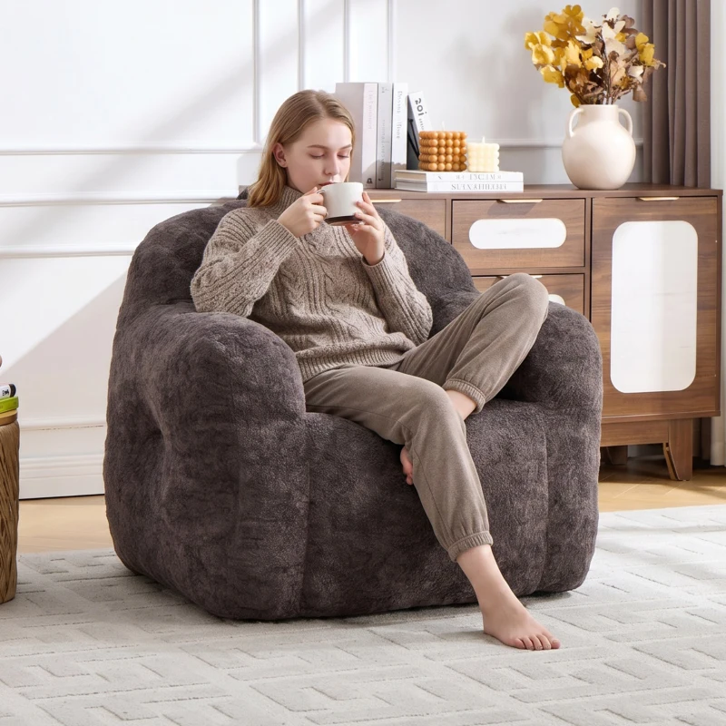Sitzsack-Sofa mit Armlehnen, zerkleinerter Schaumstofffüllung und Kunstfell, 95x95x79 cm, Dunkelgrau